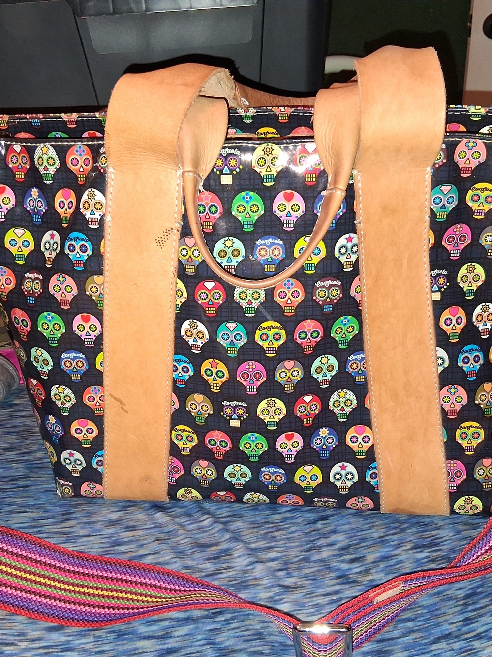 Consuela Large Sugar Skull Tote with Tan Leather Trim